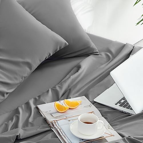 SLEEP ZONE Extra Deep Pocket King Sheet Set 4 Piece - Super Soft Brushed Microfiber Bedding Sheets Set Fits Deep Mattress Upto 21 inches (Grey, King)