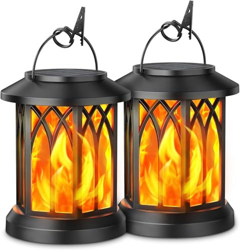 Solar Lights Outdoor Garden, 2 Pack Hanging Solar Lanterns with Realistic Flickering Flame LED, Waterproof Garden Ornaments Outdoor Lights Lantern for Decoration, Pathway Lighting (Black)