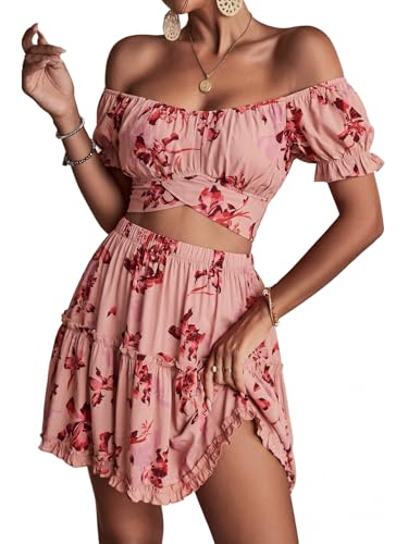 Image of LYANER Women's 2 Piece Outfits Floral Off Shoulder Tie Up Crop Top and Mini Skirt Set