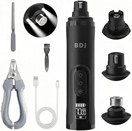 BDJ Dog Nail Grinder with 2 LED Lights Upgraded 3-Speed Electric Recharge Pet Nail Trimmer with Clippers & Files Powerful Painless Paws Grooming & Smoothing for Small Medium Large Dogs & Cats