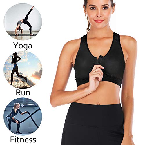 Women Zip Front Closure Sports Bra Medium Impact Push Up Wirefree Yoga Bras Racerback Workout Gym Bra Top Black #TOP2