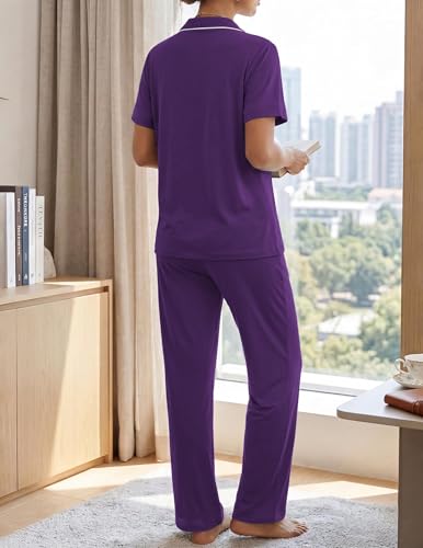 Image of ZMJ Womens Pajamas Sets 2 Piece Button Up Pj Sets Short Sleeve with Long Pant