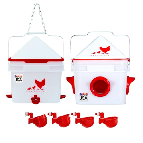 RentACoop Chick2Chicken 10lb Feeder and 2 Gal Waterer with Auto-Fill Cups and Horizontal Nipples Set - for up to 20 Chicks/12 Adult Chickens