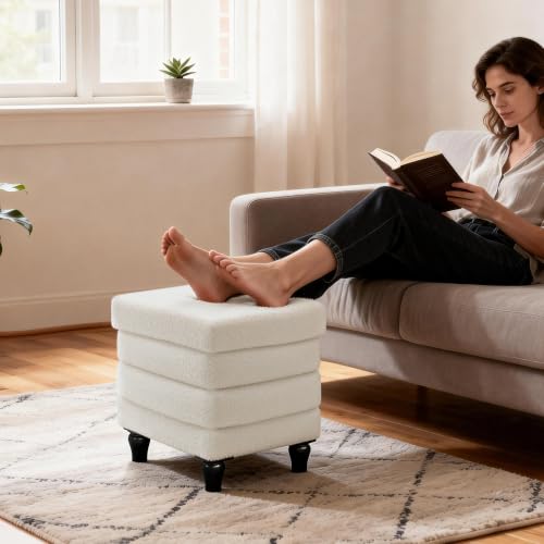 Image of CAROLMADE Folding Storage Ottoman Cube Sherpa Footstool with Wood Legs Ottoman Footrest for Living Room and Bedroom, White 15 inchx12.6 inchx15.4 inch