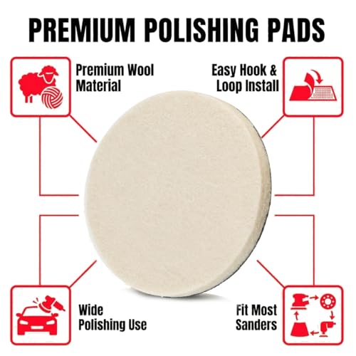 Image of 5 Pcs 6 inch Wool Flet Polishing Pads, Flocking Hook & Loop Back | Made of Premium Wool, for Random Orbital Sander
