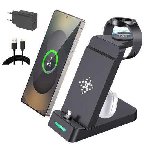 3-in-1-Schnellladestation für Samsung Galaxy-Smartphones, Uhren und -Ohrhörer, USB-C-Superschnellladegerät für Samsung Galaxy S25/S24/S23/S22/21/20/Note20/10, Galaxy Watch Ultra 8/7/6/5/4 (Black)