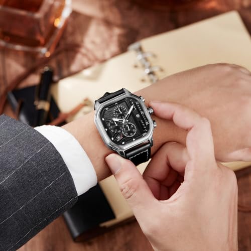 Image of OLEVS Watches for Men Quartz Chronograph Leather Fashion Dress Watch Date Waterproof Luminous Casual Square Business Wrist Watches