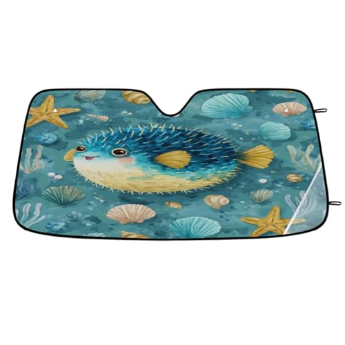 XIYOKRYON Puffer Fish Seashell Car Windshield Sunshade Foldable Front Window Sunshade Reflective Sun Visor, Universal Fits Cars, SUVs, Trucks (55'' x 27.5'')