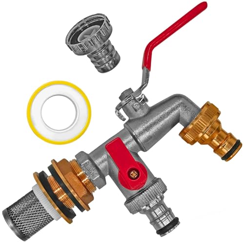 Regen Tonnen Durchführung + 2 Dichtungen für Loch Durchmesser 27mm + Edelstahl Filter + Auslauf Doppelhahn 1/2' Zoll AG Außengewinde + 2 Stecker passend für Gardena