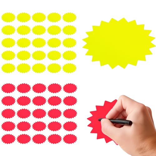DHWEKU 50 Pezzi Vendita al Dettaglio Etichette,Segni Fluorescenti Carta Etichette,Vuoto Vendita al Dettaglio Etichette,Segno in Carta Starburst,Segna Prezzo Cartellino,per Mercato Negozi Supermercato