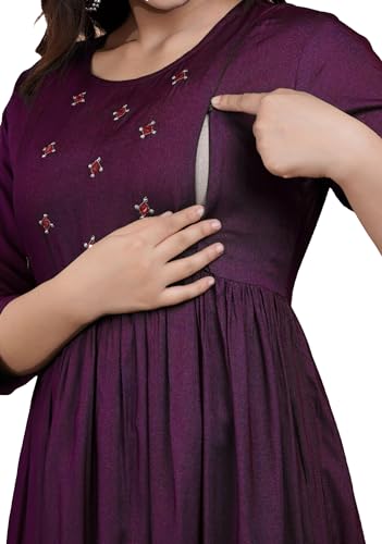 Image of Lyssa Women's Solid Rayon Embroidery Maternity with Concealed Feeding Zip | Nursing Kurta for Mothers