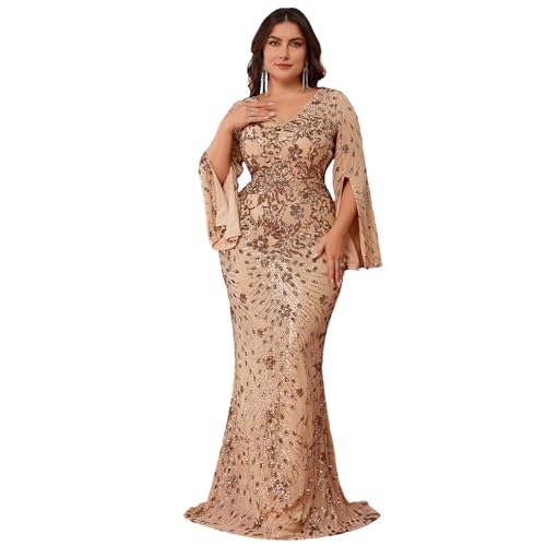 Image of Plus Size Formal Dresses for Women with Embroidery Sequin and Cape Sleeve, V-Neck Maxi Dress for Wedding and Party
