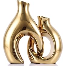 Ceramic Vase Set of 2 for Home Decor, Gold Abstract Intertwined Sculptural Vases, Decorative Pottery Centerpiece for Living Room, Dining Table or Entryway, Minimalist Art Decor Gift
