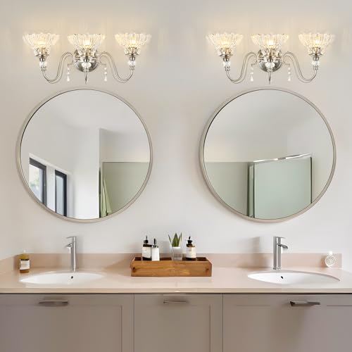 Image of Brushed Nickel Bathroom Vanity Light, 3-Light Nickel Finish Wall Sconce with Hanging Crystal Accents and Flower-Shaped Clear Glass Shades, Modern Wall Mount Vanity Light Over Mirror for Bathroom