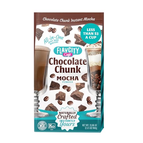 FlavCity Café Chocolate Chunk Mocha - Flavored Instant Coffee Powder Mix with Grass-Fed Whole Milk & Real Cocoa - Instant Latte Made from Real Ingredients - All In One, Just Add Water (20 Servings)
