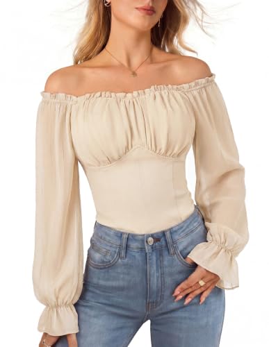 Scarlet Darkness Women's Peasant Blouse Off Shoulder Fall Tops Beige XL