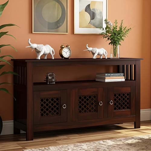 Image of Amazon Brand - Solimo Solid Sheesham Wood Jharokha Sideboard Cabinet with 3 Doors & 1 Open Shelf | Multipurpose Wooden Storage Organizer for Bedroom, Living Room, Kitchen Home & Office (Walnut Finish)