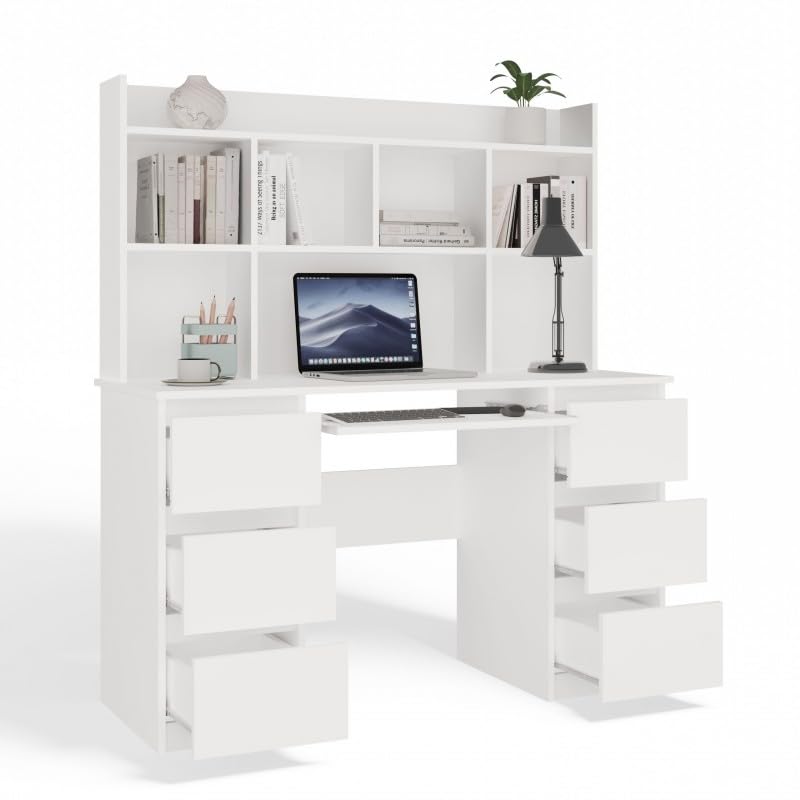 CDF Schreibtisch mit Aufsatz Computertisch 6 Schubladen Tastaturauszug Arbeitstisch Regal Bürotisch Modernes Design Home Office 130 x 51 x 146 cm - Weiß