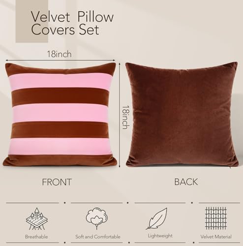 Image of Flutesan 2 Pack Velvet Stripes Throw Pillow Covers - 18x18 Inch Pink and Brown Velvet Pillow Cover Decorative Modern Square Cushion Cases for Sofa Couch Bed Chair Living Room Decor