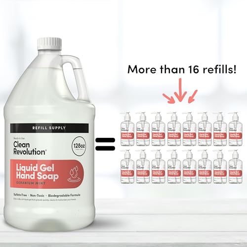 Image of Clean Revolution Liquid Gel Hand Soap Refill with Real Essential Oils - Sulfate-Free Gel Hand Wash, Moisturizing Bulk Refill, Non-Toxic Formula, Made in the USA (Geranium Mint) 128 Fl Oz