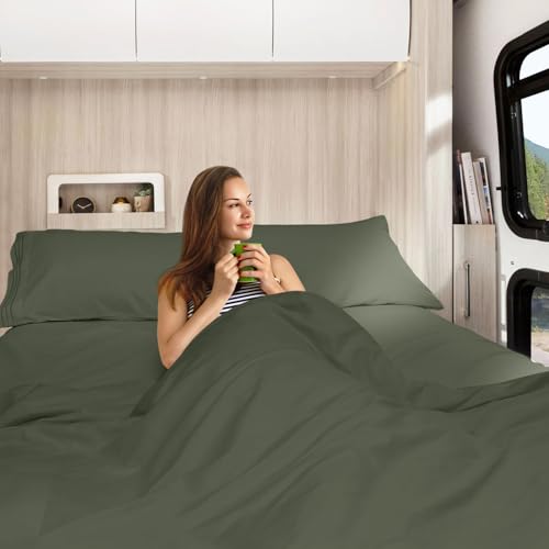Image of Nestl Olive Green Short Queen Sheets for RV, Hotel Luxury RV Queen Sheets Set, 4 Piece Fitted Bed Sheet Set and Pillowcases, Super Soft, Wrinkle-Free, and Breathable Camper Bedding