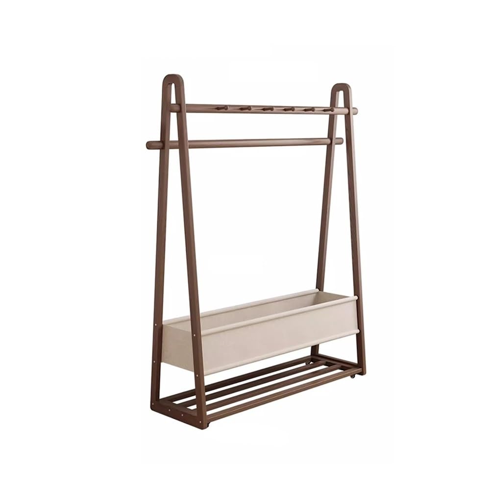 Massivholzgarderobe mit Rollen, mobiles Aufbewahrungsregal für Eingangsbereich und Schlafzimmer, Hängeorganizer mit Stofftasche, höhenverstellbar, Walnussholz-Finish, kleine Größe