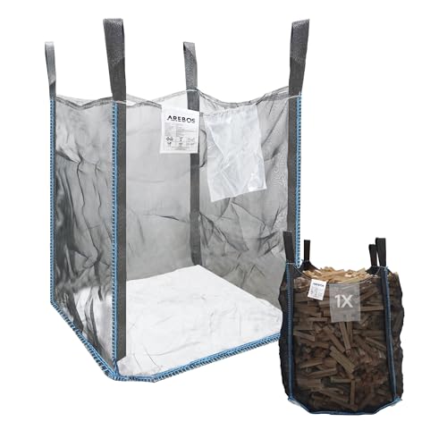 Arebos Premium Holzsack | Big Bag 100x100x120 cm | mit 4 Schlaufen und Einfüllschürze | Tragfähigkeit 1000 kg, SF 5:1, EN ISO 21898 | Sacke für Bauschutt, Holz, Gartenabfall | UV-Beständig