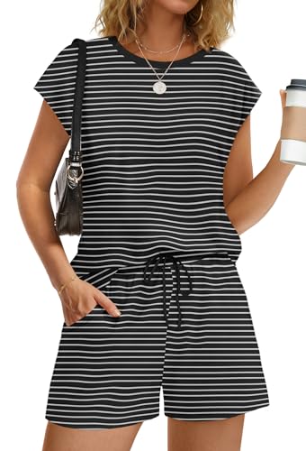 Image of WIHOLL Two Piece Sets for Women Summer Crew Neck Lounge Short Sets Cap Sleeve Drawstring Sweatsuit with Pocket