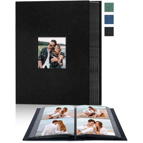 Remowith Cloth Cover Photo Album 4x6 with DIY Square Window Slip in Photo Book for Travel, Wedding, Anniversary 200 Pockets Black