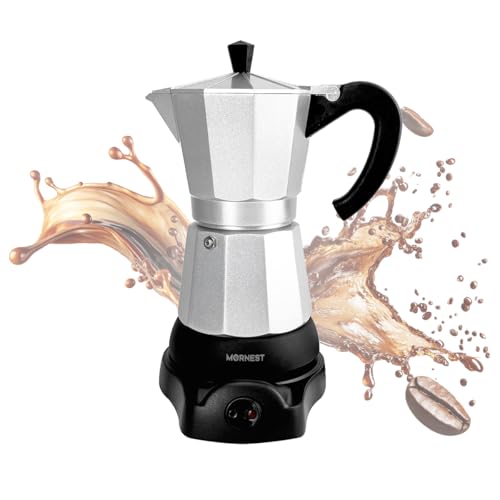 Mornest Aluminium Electric Moka Pot Coffee Maker, Electric Espresso Maker Auto Shutoff, Italian Classic, 360 Degree Rotating Base, 3/6 Cups (150/300ml), Red/White/Black/Blue/Silver (Silver, 6 Cups)