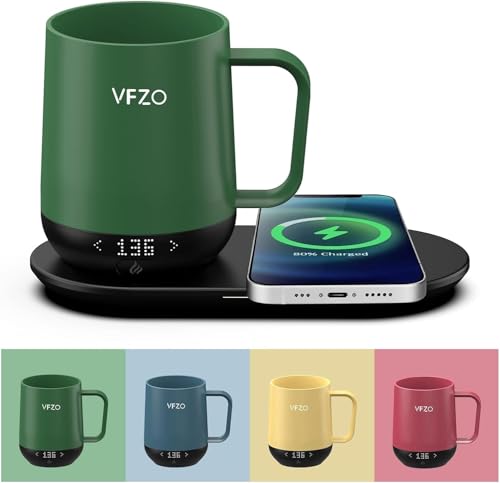 VFZO Temperature Control Smart Mug, Self Heating Coffee Mug LED Display, 180 Min Battery Life - Hot up to 149? Fast Wireless Charger Base Improved Design Coffee Serving Sets (12oz, Turquoise)