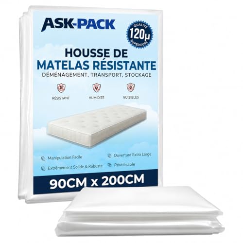 Housse de matelas ASK Pack 90 x 200 cm – Protection extra épaisse de 120 µm pour matelas – Protection anti-déchirure et anti-poussière pour...