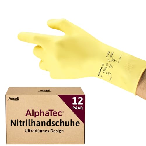 Ansell AlphaTec 87-086 Mehrzweckhandschuhe aus Latex, Chemikalienschutz, Lebensmittel Geeignet, Wiederverwendbare Gummihandschuhe, Hausputz, Haushalt, Kochen, Gelb, Größe M (12 Paar)