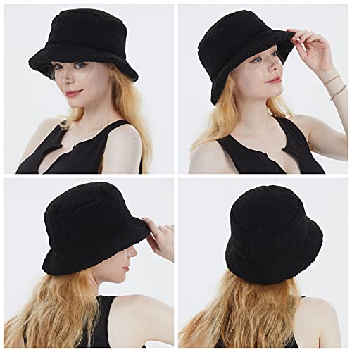 Guangu Fuzzy Bucket Hat Furry Winter Fluffy Fisherman Cap Teddy Warm Windproof Faux Fur Bucket Hat For Women Black #TOP4