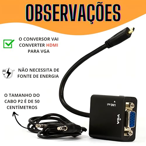 Cabo Conversor Adaptador Hdmi Para Vga Com Saída De Áudio E Cabo P2