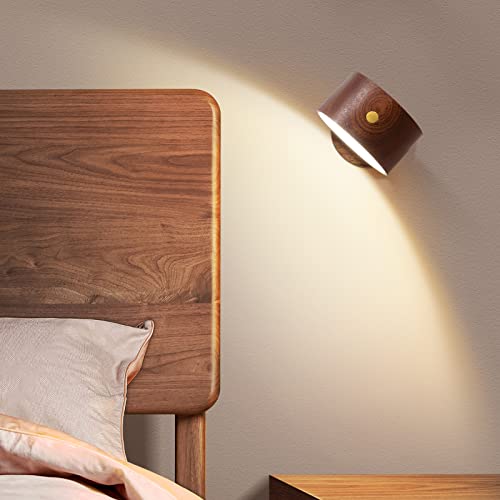 Landgoo Wooden Magnetic Wall Sconce, 360° Rotatable Led Wall Lights Usb Rechargeable Lights Battery Operated Dimmable Night Lights Reading Light Magnetic Cabinet Light Household Lighting(Sapele Wood) #TOP2