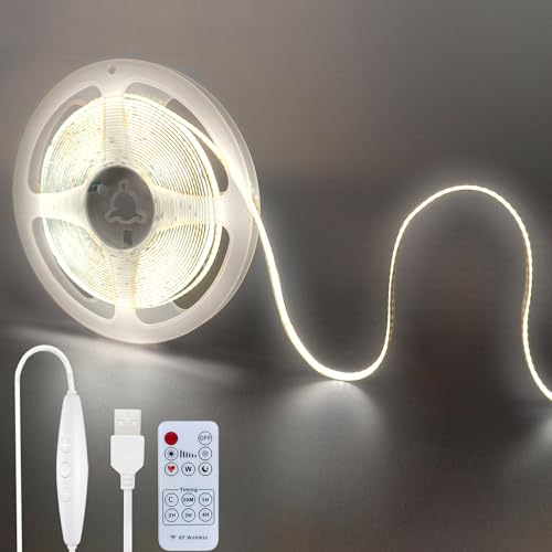 Clearhill Bande LED COB USB 5V avec Télécommande Variateur,16,4pieds/5m,blanc froid 6500K,320LEDs/m,largeur 8mm,non étanche IP20,câble interrupteur USB 1,5m,pour décoration intérieure et bricolage