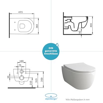 Alpenberger Hänge WC Spülrandlos | Toilette mit Nano | Tiefspüler Wand WC | Duroplast Toilettendeckel mit Absenkautomatik - Slim Sitz | Keramik Kloschüssel für Bad & Gäste WC | Passend Geberit – Bild 8