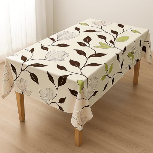 Image of Styleys Dining Table Cover Waterproof with for Kitchen Dining Table Cloth Dust and Oil Repellent (140x180, 1 Table Cover Only, Beige /Brown /Green Leaf Flower, CTSLMC138)