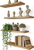 HXSWY Rustic Wood Floating Shelves for Wall, Wooden Wall Shelves for Bedroom, Wall Mounted Shelves for Living Room, Set of 4 Light Brown 16 Inch