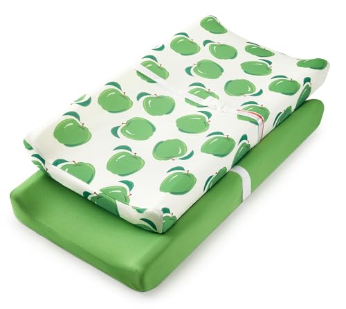 Image of Baby Changing Pad Cover, Changing Table Cover for Girls Boys, Ultra Soft Breathable, 2 Pack Green Apple & Fruit Green