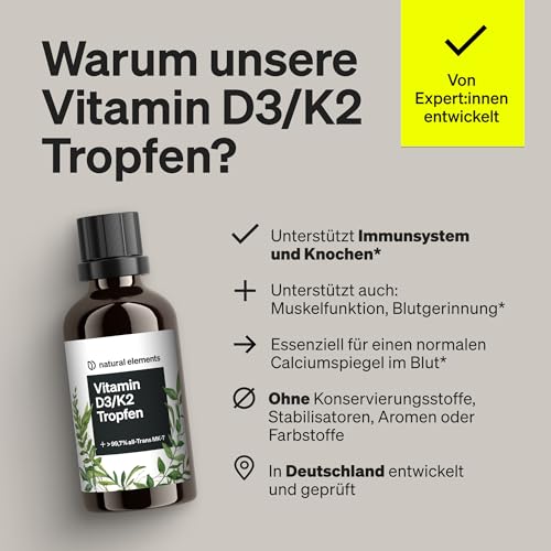 natural elements Vitamin D3 + K2 Tropfen 50ml - Premium: 99,7+% All-Trans (K2VITAL® von Kappa) + hoch bioverfügbares Vitamin D3 - Laborgeprüft, hochdosiert, flüssig und in Deutschland produziert