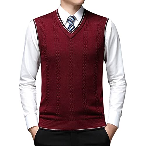 Mymyguoe Jersey de punto para hombre sin mangas, chaleco de punto sin mangas, jersey de punto asimétrico, bordado asimétrico, camisetas de tirantes, chaleco de traje, informal, cuello en V, Vino, XL