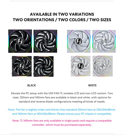 Image of Lian Li UNI Fan TL Wireless 140-Single Pack (Reverse Blade)-2.4 GHz Wireless Signal 140MM ARGB Fan-Infinity Mirror-Daisy-Chain -Syncing Lighting-Controller NOT Included & Required - Black (14RTL1W1B)