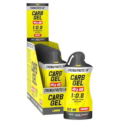 TRINUTRITION CARB GEL, Gel energetico, 15 x 60ml, 40g di Carboidrati, rapporto 1:0,8 con Maltodestrine e Fruttosio, Gusto Lemon, Gel per ciclismo corsa endurance, Senza Glutine, Vegan