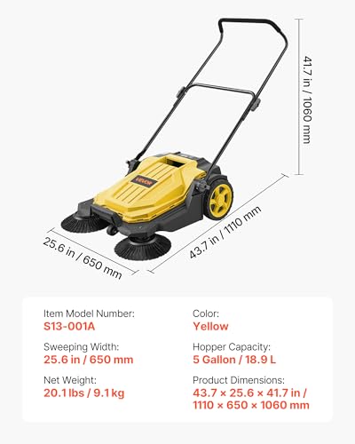 Image of VEVOR Walk-Behind Hand Push Floor Sweeper, Manual Floor Sweeper Non-Electric with 25.6 inch Sweeping Width, 5 Gallons Waste Container & Adjustable Folding Handle for Yards Walkways Patios Garages - Yellow