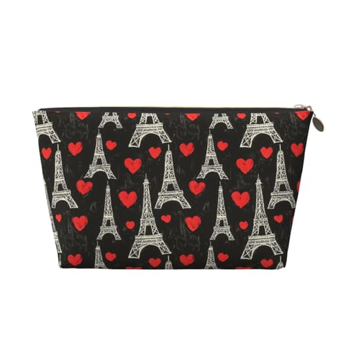 Heart Eiffel Tower Print Makeup Bag, Cosmetic Travel Toiletry Bag for Women, Cute Leather Makeup Pouch Organizer