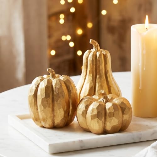 Gold Pumpkin Decor, 3Pcs Resin Pumpkin Figurines Fall Decoration for Home
