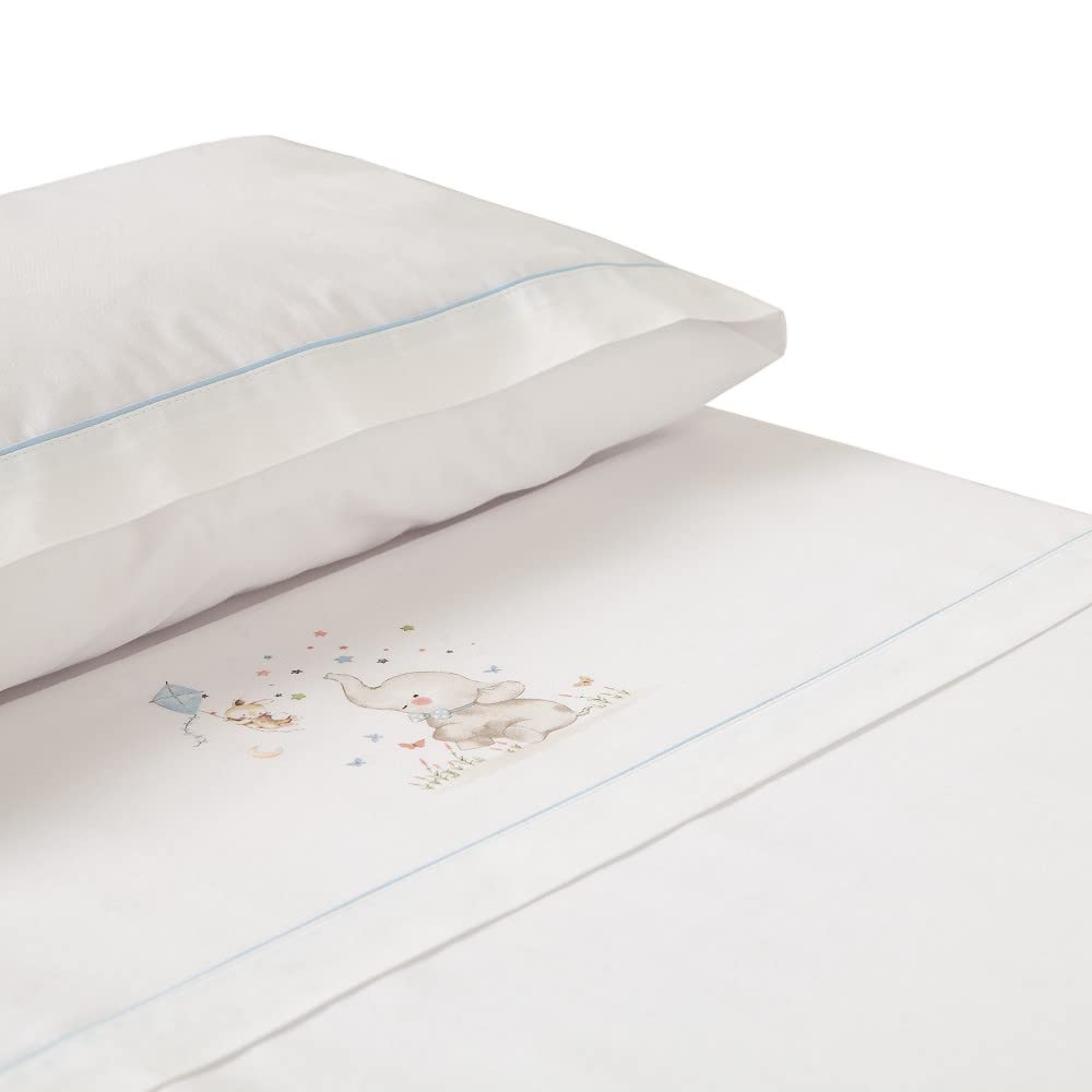 various Juego De Sábanas para Cuna 60 x 120 cm, Bebe Primavera y Otoño Tipo 100% Algodón Extrasuave Fafricado en España-INTERBABY(Bajera+encimera+Funda Almohada)-Elefante Blanco/Azul