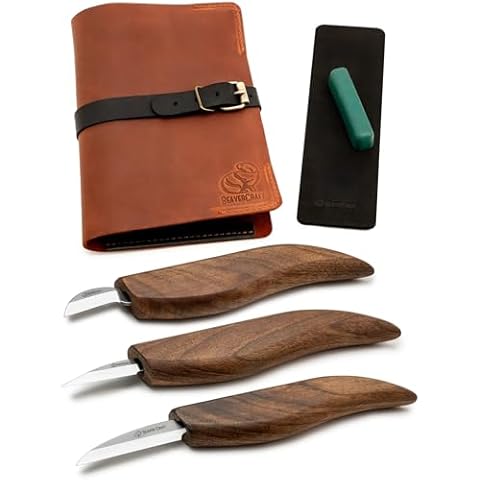 BeaverCraft Wood Carving Kit Deluxe Whittling Knives Set & Leather Strop for Carving Knife S15X Wood Carving Knives Set, Tools & Knife Strop with Polishing Compound Wood Whittling Kit and Leather Case Cover